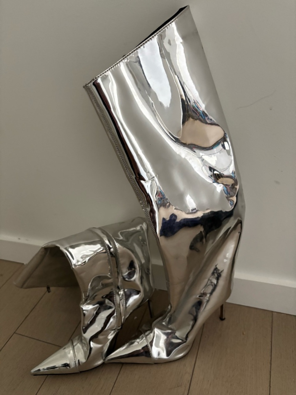 Women's Metallic Silver Pointed-Toe Stiletto Knee-High Boots